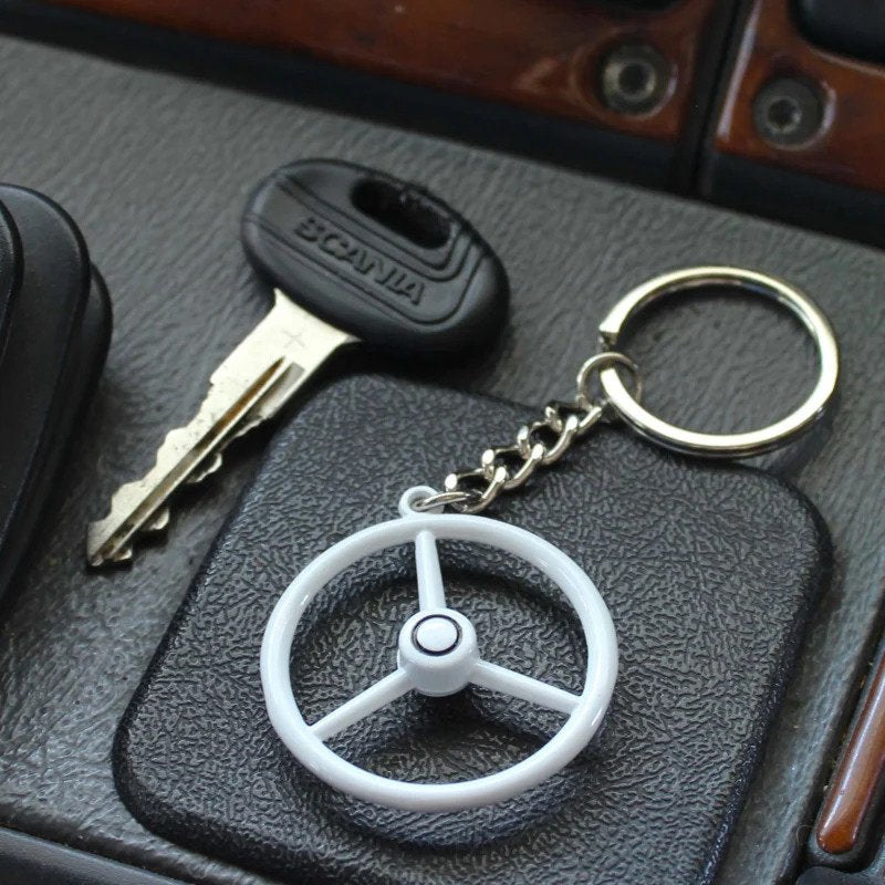 3 Spoke Steering Wheel - White Keychain